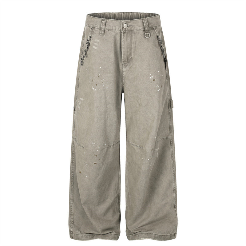 Pantalon cargo wide leg – Kaki délavé, éclaboussures de peinture et chaîne métallique