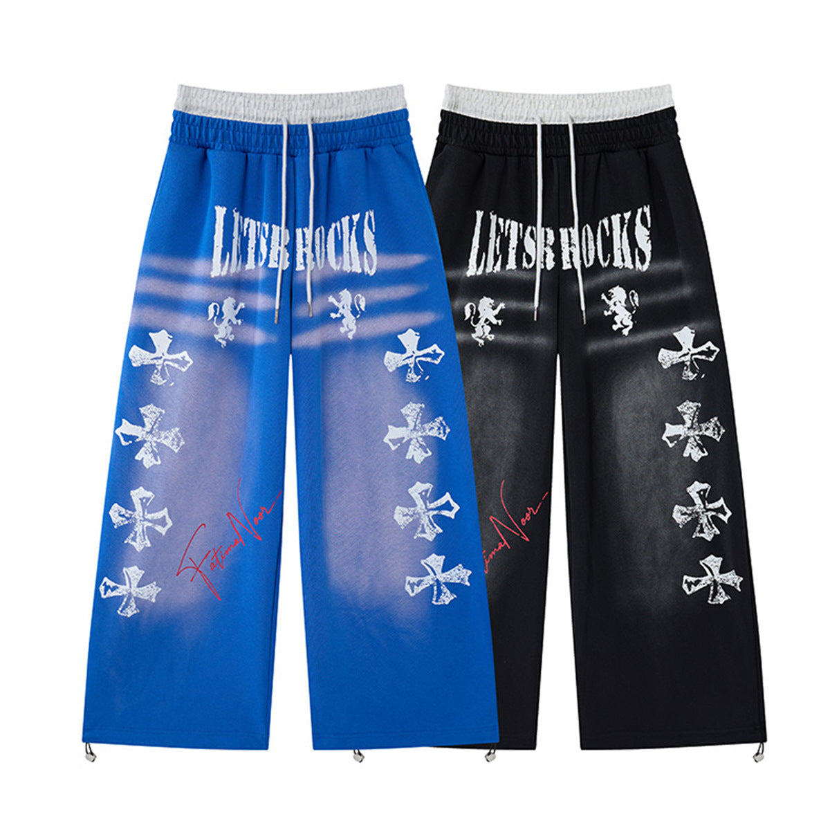 Wide-leg sweatpants with distressed cross graphic print and contrast grey faux two-piece waistband in black and blue