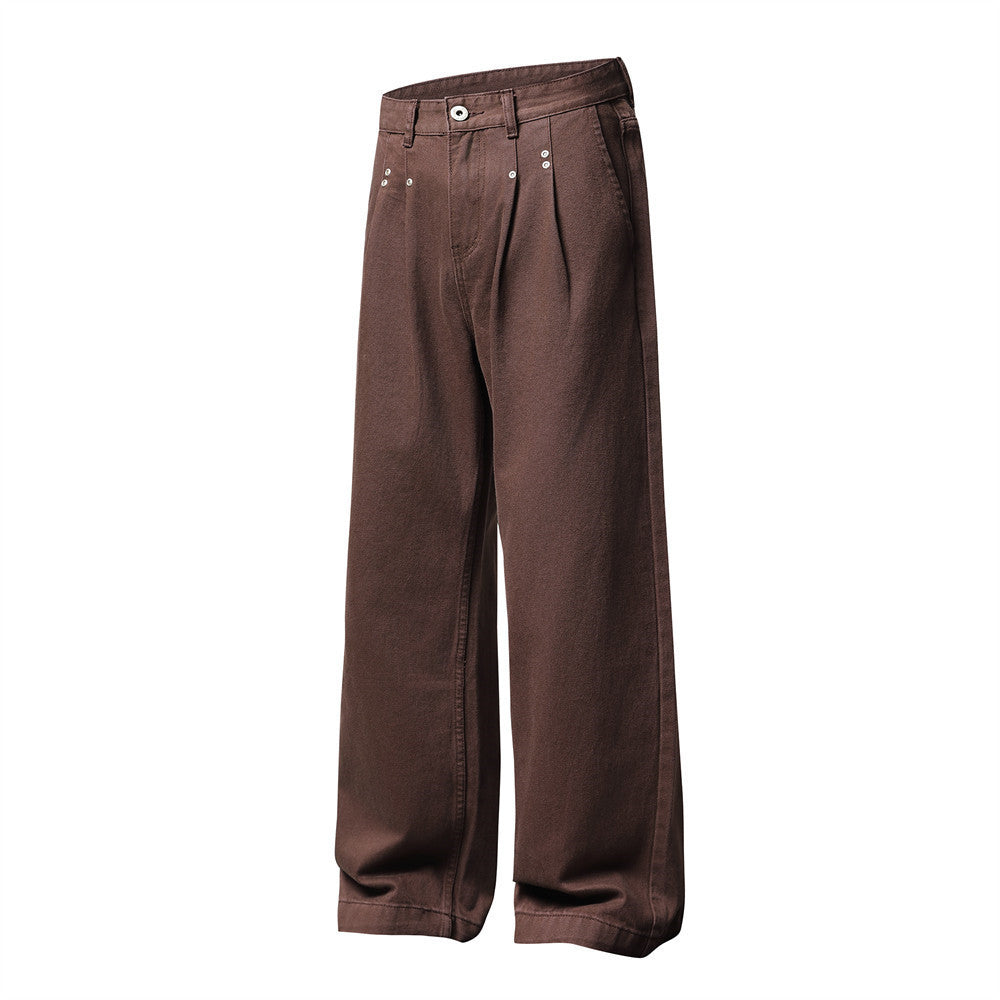 Wide-Leg Pleated Trousers – Men's High-Street Solid Color Straight-Cut Pants