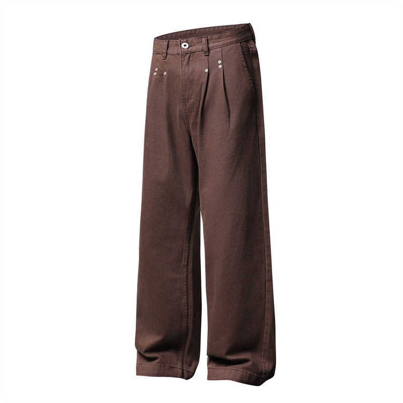 Wide-Leg Pleated Trousers – Men's High-Street Solid Color Straight-Cut Pants