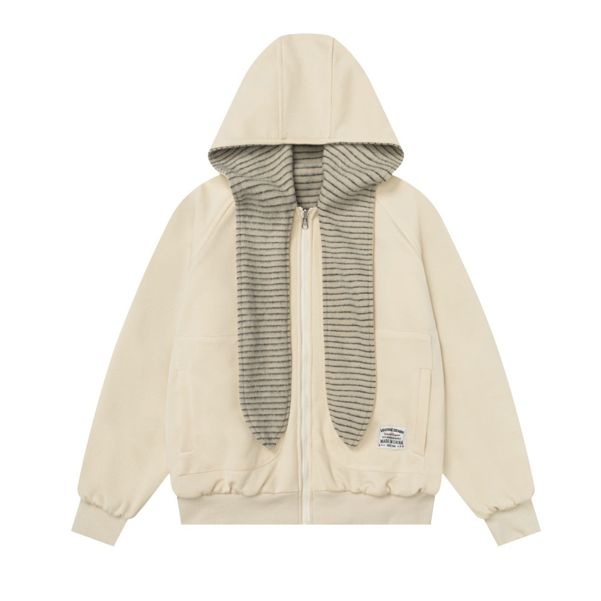 Sudadera con capucha y cremallera de rayas con orejas de conejo — Cárdigan reversible de doble cara