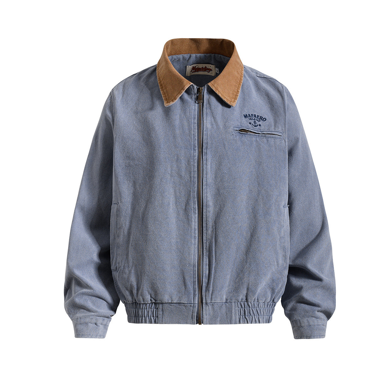 Boxy washed canvas workwear jacket with tan corduroy collar and anchor embroidery, shown in washed blue and washed pink