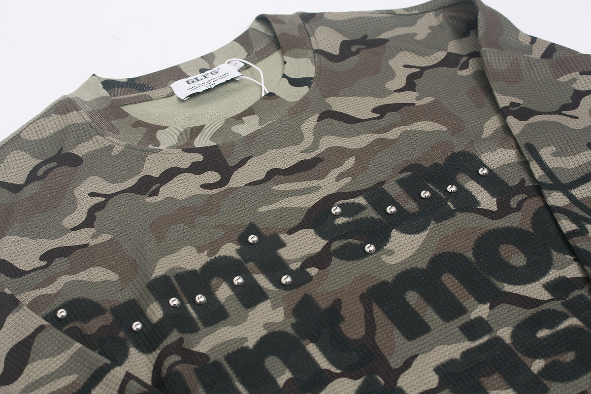 Camo Long Sleeve Waffle Shirt with Studded Graphic Print