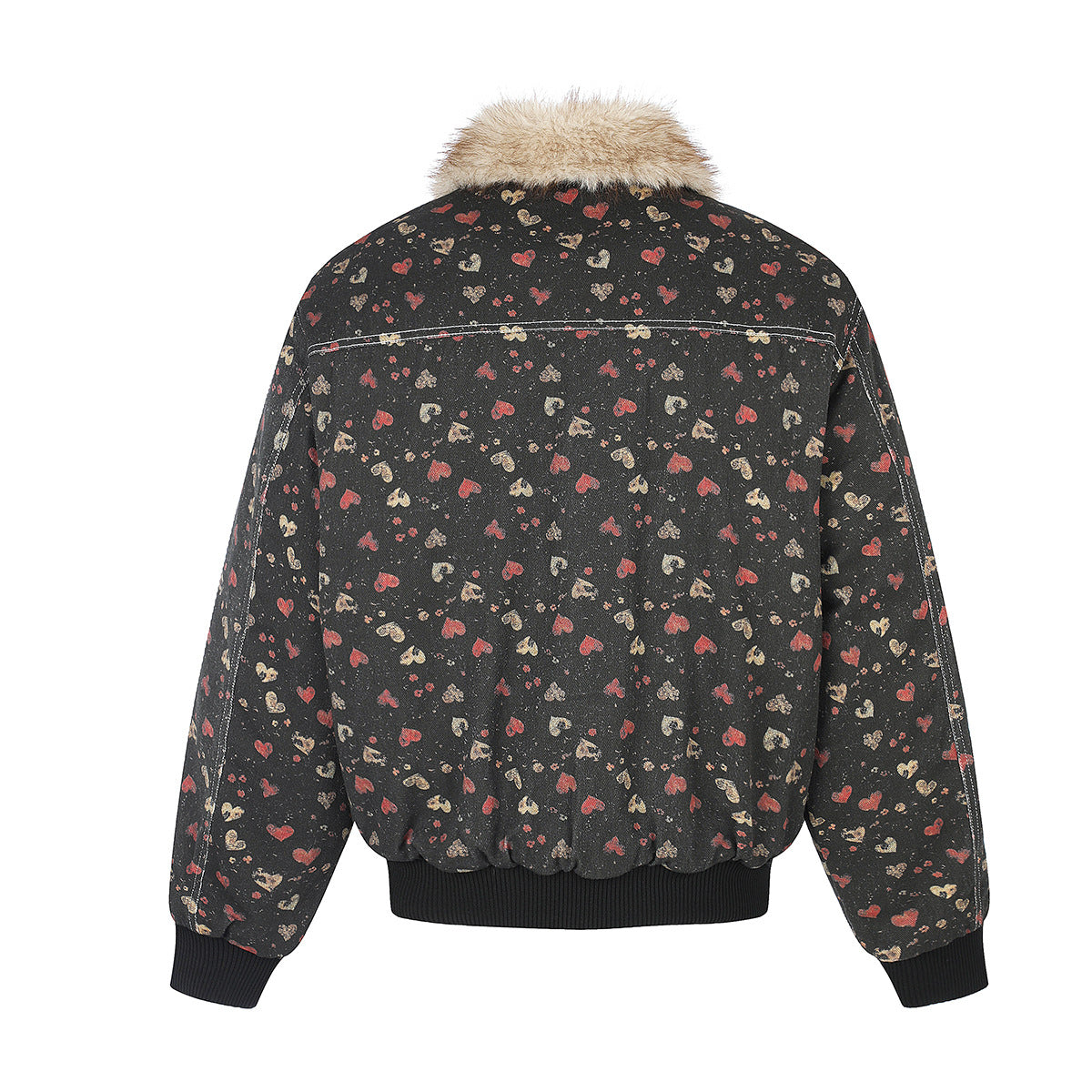 Heart Print Faux Fur Collar Padded Bomber Jacket – Vintage Floral Streetwear
