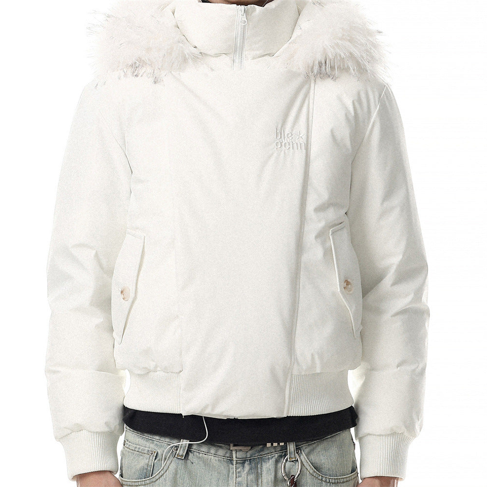 Oversized white bomber down jacket with faux-fur trimmed hood and stand collar, front view