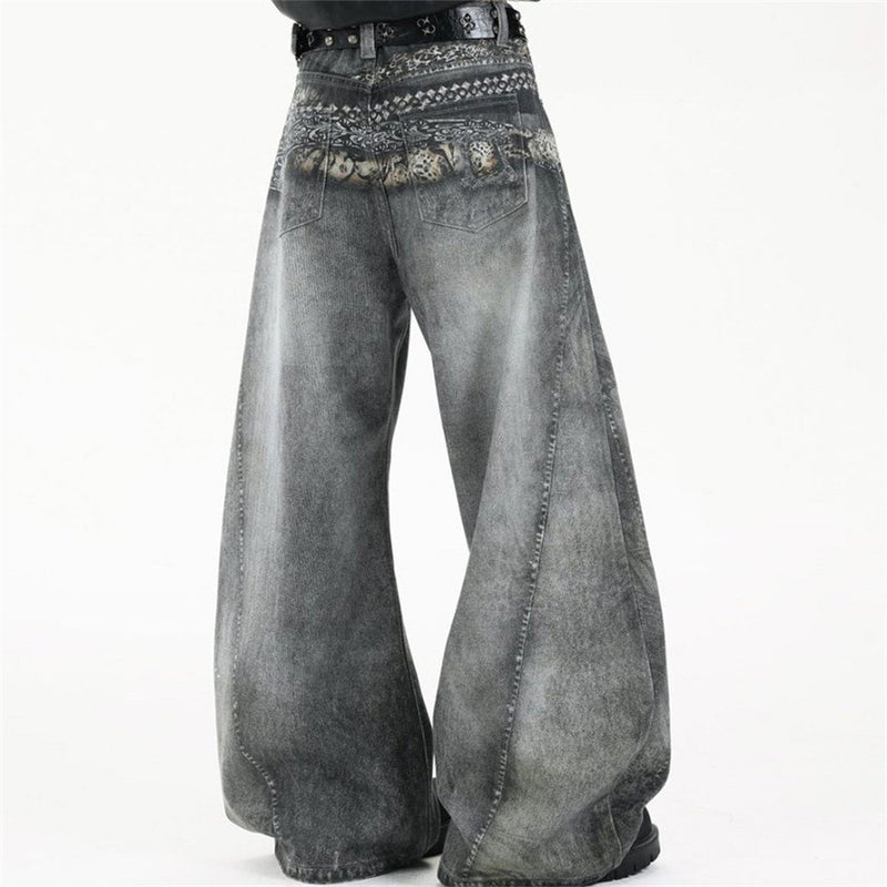 Baggy Wide-Leg Jeans – Paisley Graphic Waistband, Acid-Washed Grey Denim