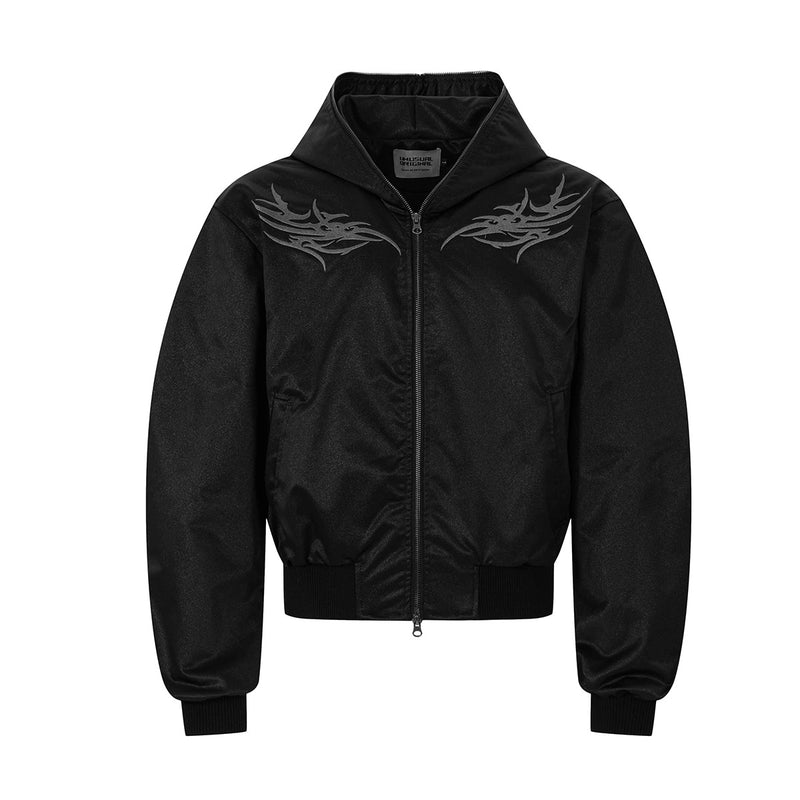 Bomberjacke mit Tribal-Stickerei und Kapuze – Kastiger Gothic-Streetwear-Look