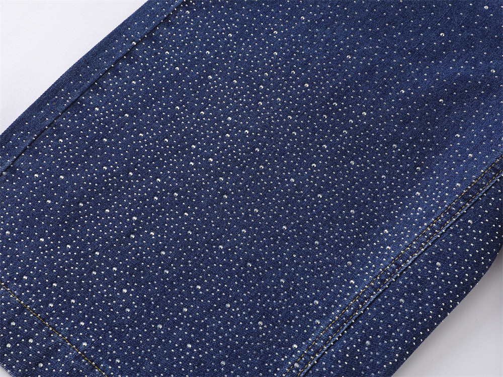 Wide-Leg Denim Shorts with Allover Rhinestone Detail – Men's Cropped Jean Shorts
