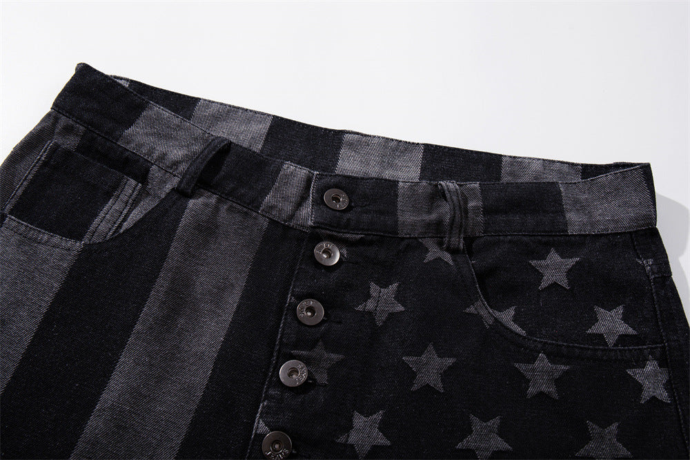 Wide-Leg Jeans with Stars & Stripes Print – Distressed Black Denim