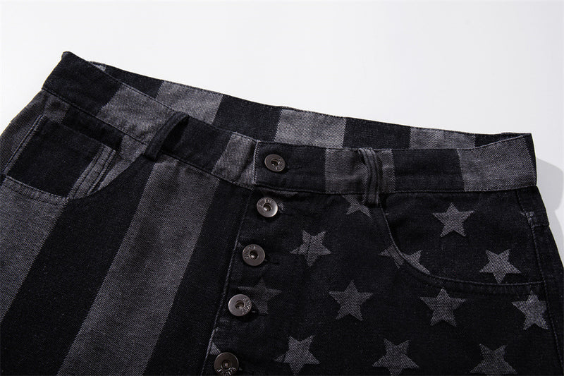 Wide-Leg Jeans with Stars & Stripes Print – Distressed Black Denim