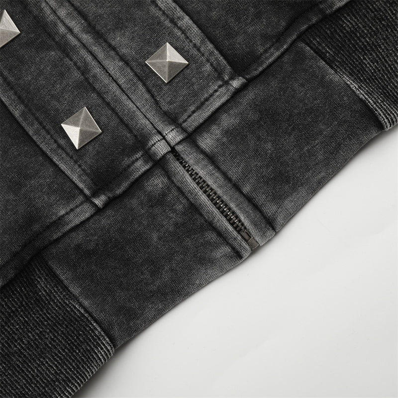 Sudadera con cremallera y lavado ácido con tachuelas piramidales – Estilo heavy metal extragrande