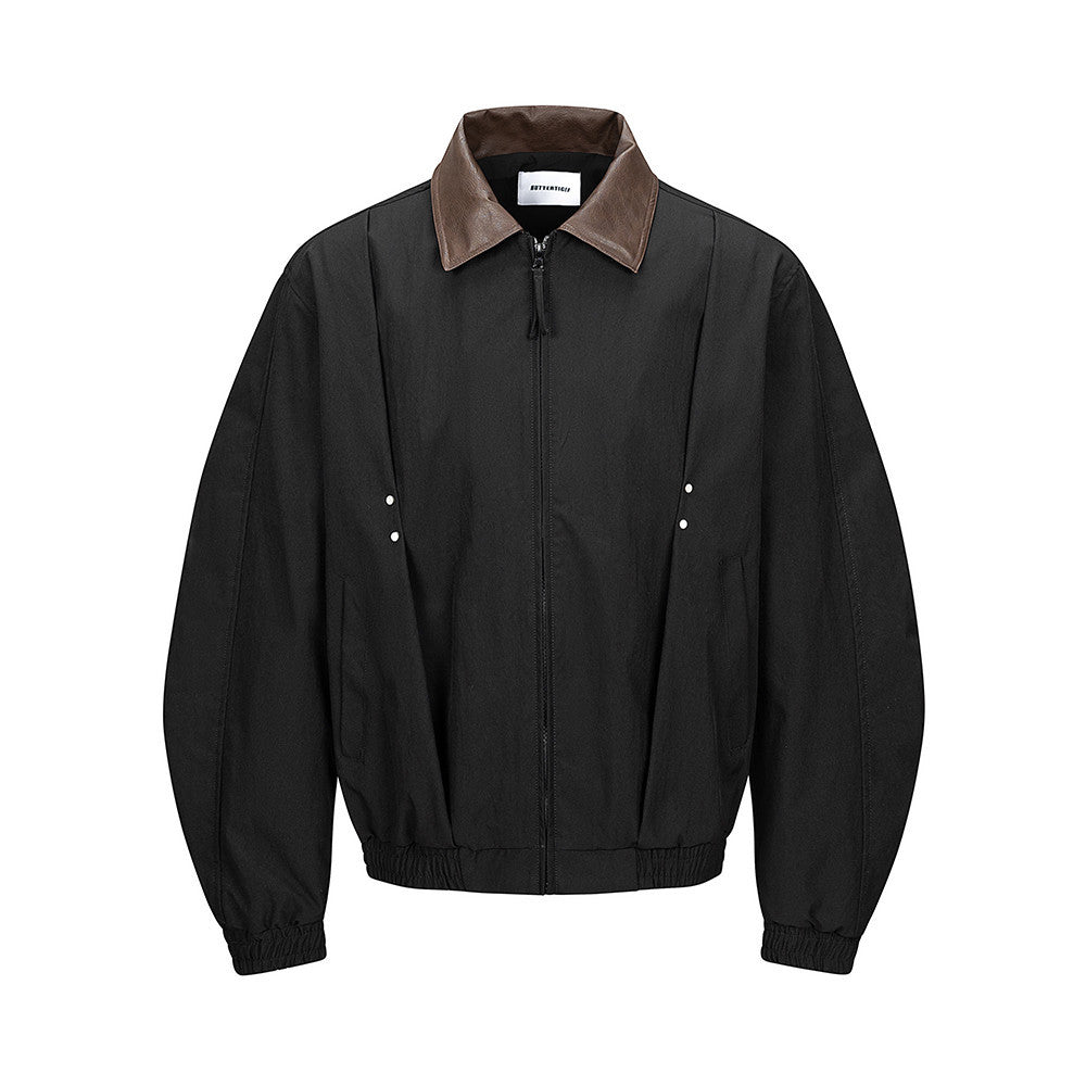 Men's relaxed-fit pleated bomber jacket with PU leather collar in black, front and back view