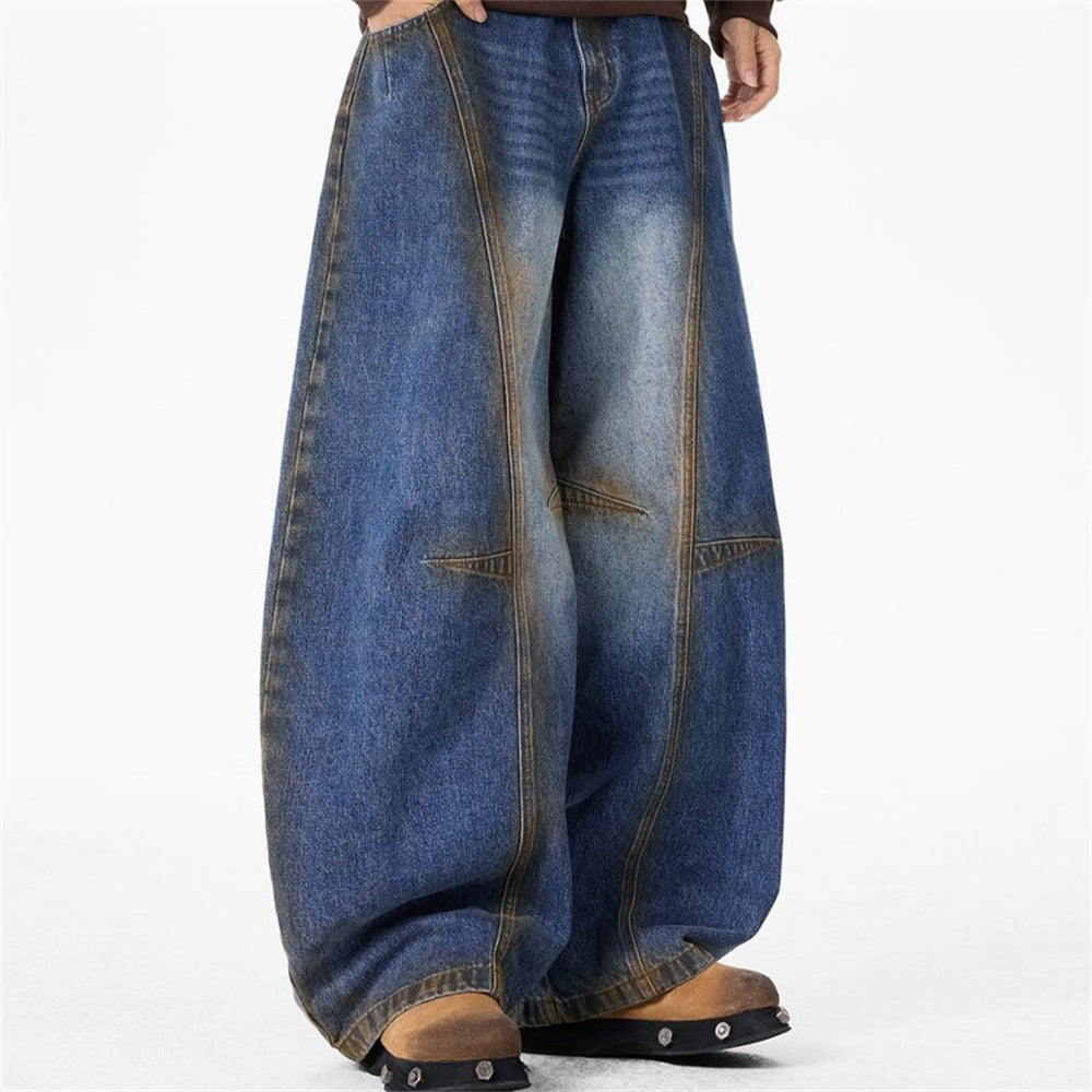Baggy Wide-Leg Jeans – Deconstructed Patchwork Scimitar Seam, Vintage Wash with