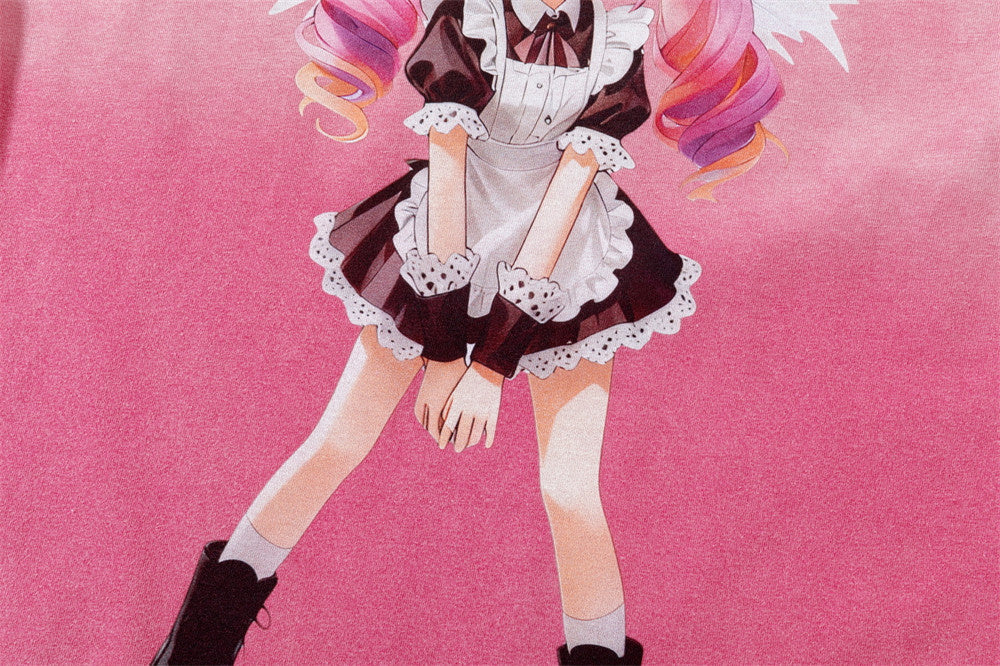 Camiseta gráfica rosa para hombre – Camiseta extragrande lavada al ácido con ángel maid de anime