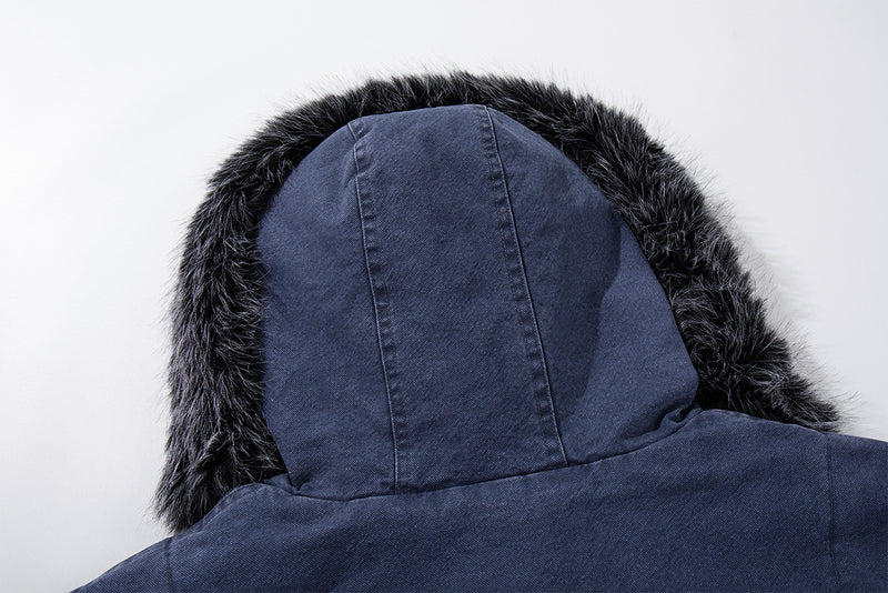 Washed Canvas Hooded Bomber Jacket – Faux Fur Trim & Fleece-Lined Hood