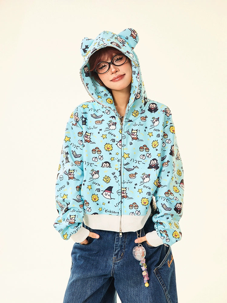 Kawaii Cartoon Bear Hoodie Cute Full Zip Hoodie with Bear Ears Fun Prints Seakoff