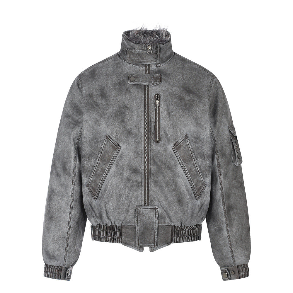 Men's Distressed Bomber Jacket with Faux Fur Collar – Padded Stand-Collar