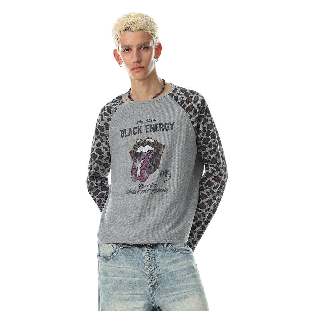 Men's grey waffle-knit long sleeve tee with leopard print raglan sleeves and Black Energy graphic print on chest