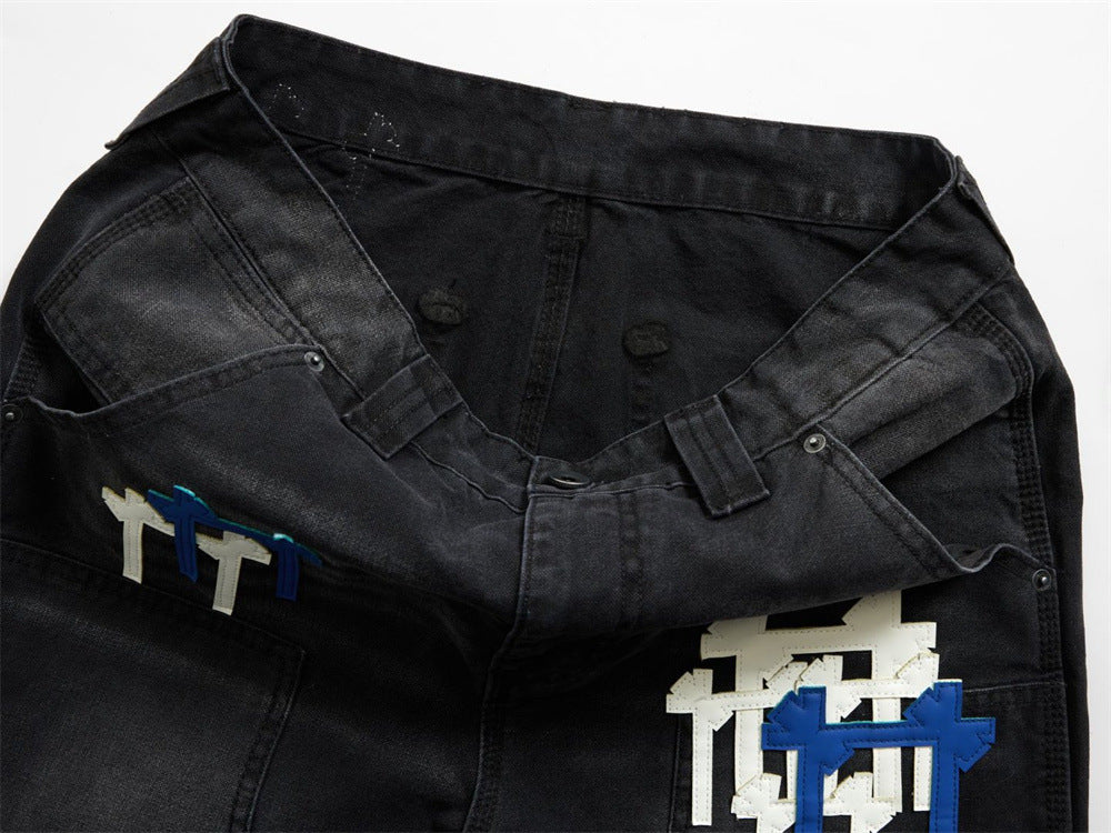 Black Washed Wide-Leg Cargo Jeans with Cross Embroidery Patches