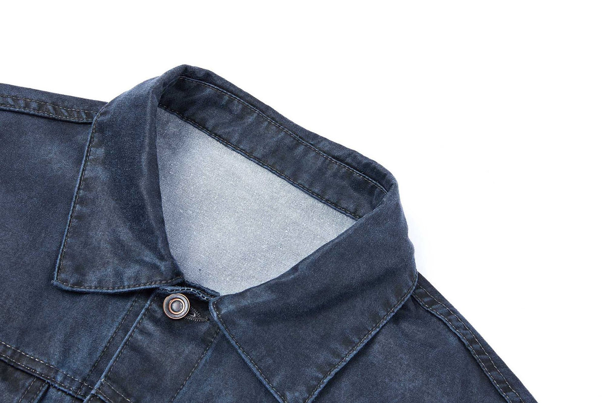 Washed Distressed Denim Trucker Jacket – Boxy Fit, Spread Collar