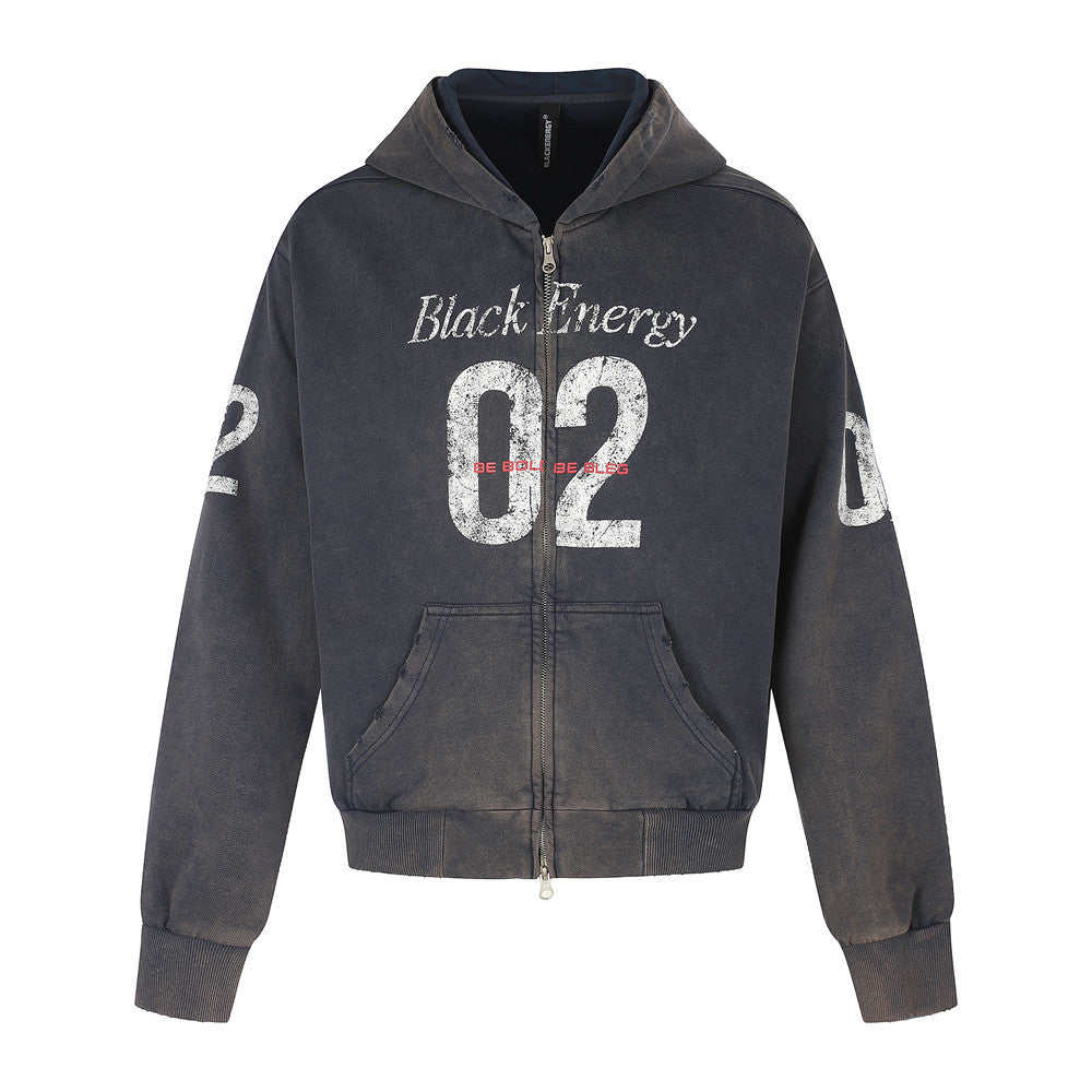 Black washed zip-up hoodie with faded 'Black Energy 02' graphic, front view