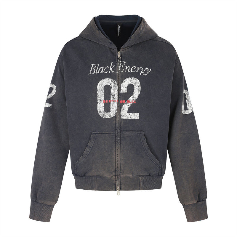 Black washed zip-up hoodie with faded 'Black Energy 02' graphic, front view