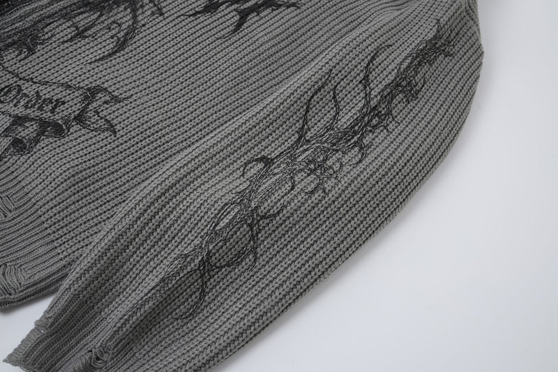 Pull zippé en maille à motif gothique – Col montant punk sombre Abyss Whisper