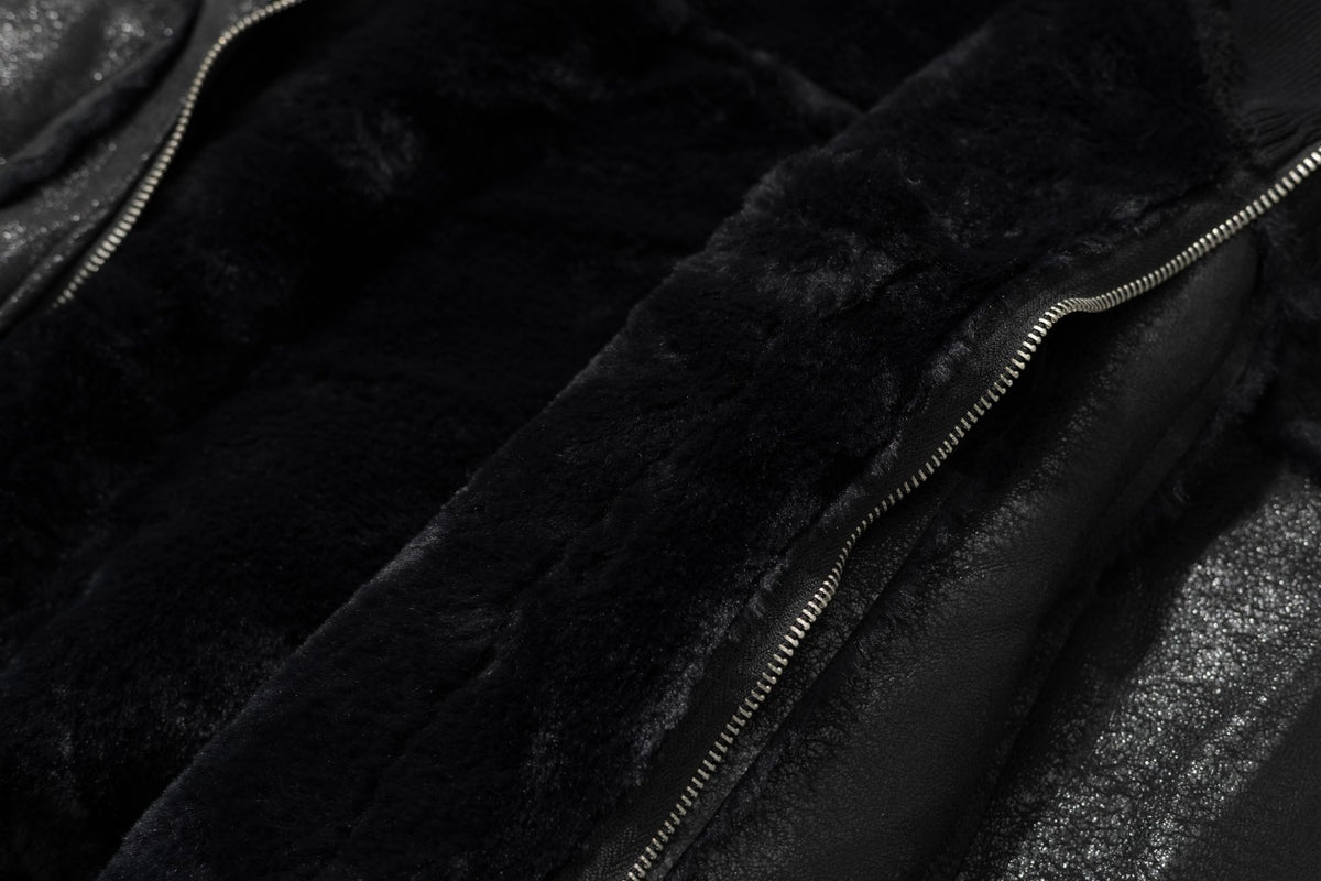 Faux Leather Bomber Jacket with Fur-Trim Hood & Fleece Lining — Black