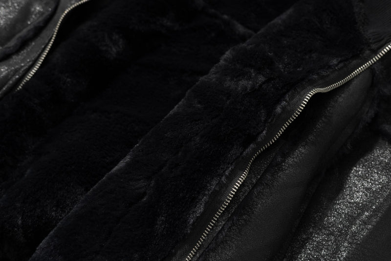 Faux Leather Bomber Jacket with Fur-Trim Hood & Fleece Lining — Black