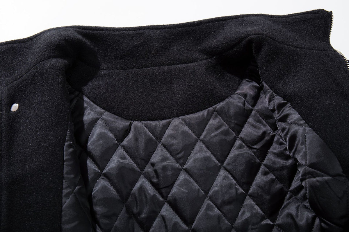 Oversized Wool-Blend Belted Bomber Jacket with Stand Collar