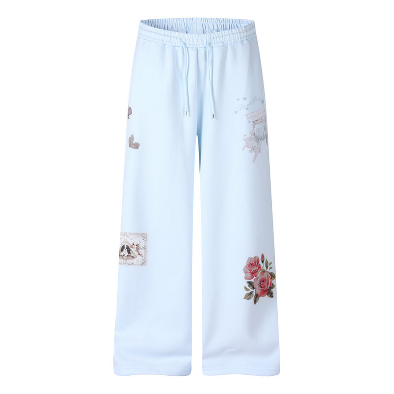 Wide-Leg Sweatpants with 3D Rose & Butterfly Print, Elastic Drawstring Waist