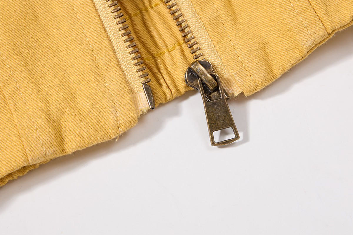 Retro American Washed Zip-Up Jacket with Corduroy Collar