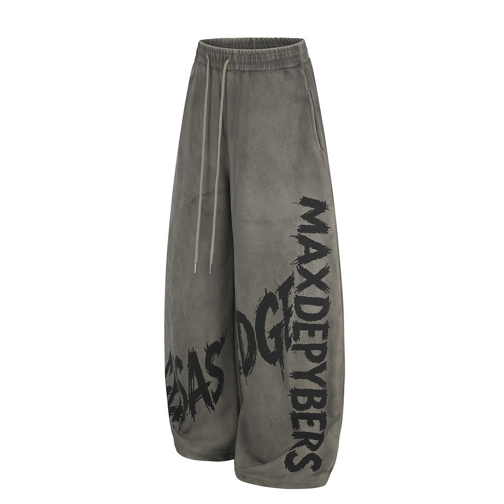 Wide-Leg Graffiti Print Sweatpants – Washed Gray Baggy Jogger Pants for Men