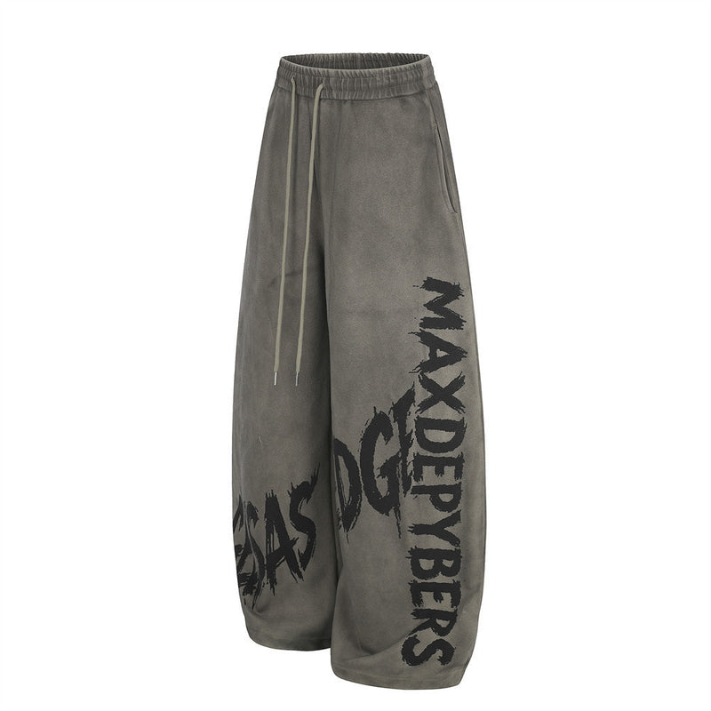 Wide-Leg Graffiti Print Sweatpants – Washed Gray Baggy Jogger Pants for Men