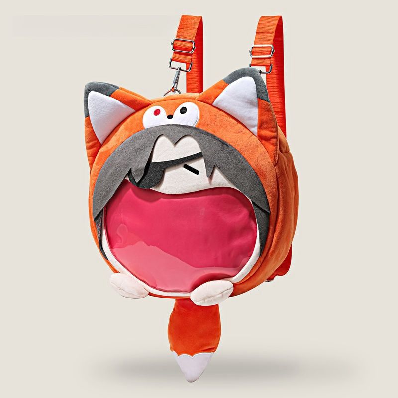 The Seakoff Adorable Fox Plush Shoulder Bag features a cute orange fox design with playful ears, a tail, red straps, and a transparent mouth pocket for extra charm. Perfect for adding fun to any child's day!.