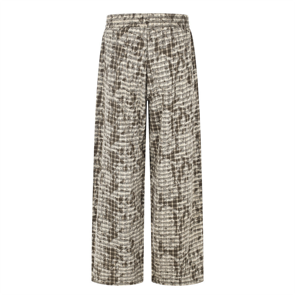 Brown Plaid Wide-Leg Pants – Distressed Tie-Dye Vintage Loose Straight Trousers