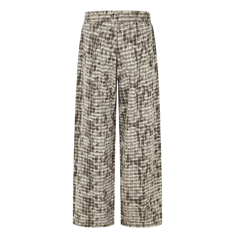 Brown Plaid Wide-Leg Pants – Distressed Tie-Dye Vintage Loose Straight Trousers