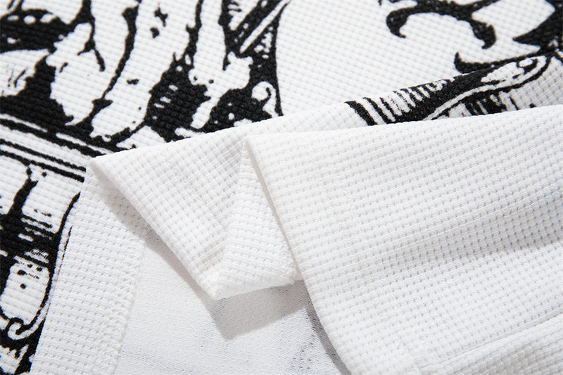 Labyrinth Double Eagle Crest Graphic Long-Sleeve Tee – White Waffle-Knit