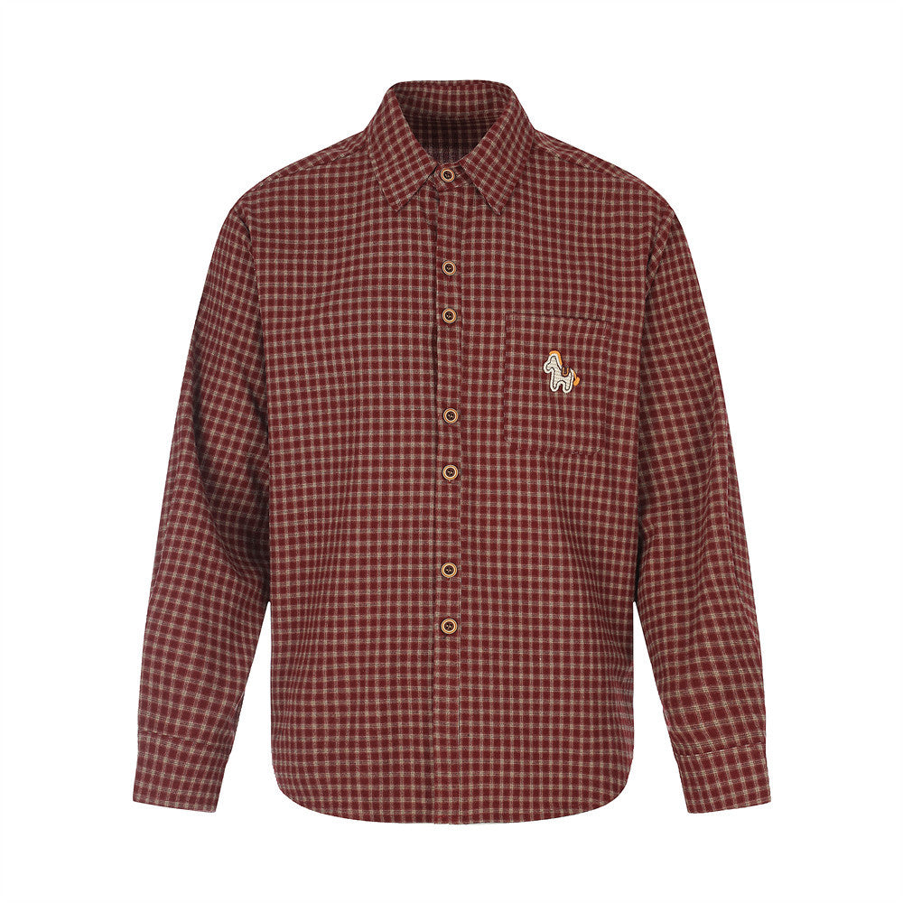 Men's oversized plaid flannel button-down shirt with embroidered horse patch on chest pocket, shown in burgundy and navy colo