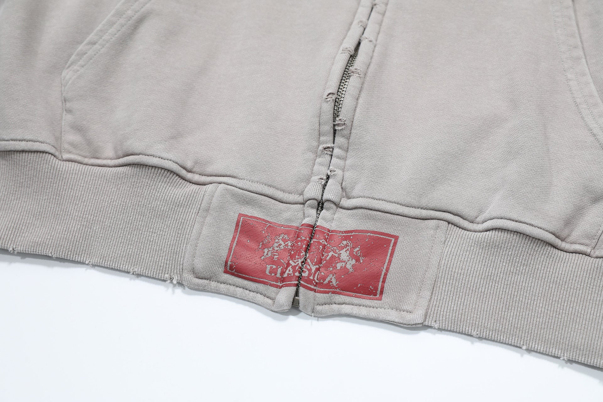 Zip-Up Cropped Hoodie Acid Wash Heraldic Crest Streetwear