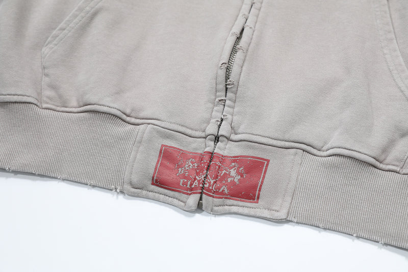 Zip-Up Cropped Hoodie Acid Wash Heraldic Crest Streetwear