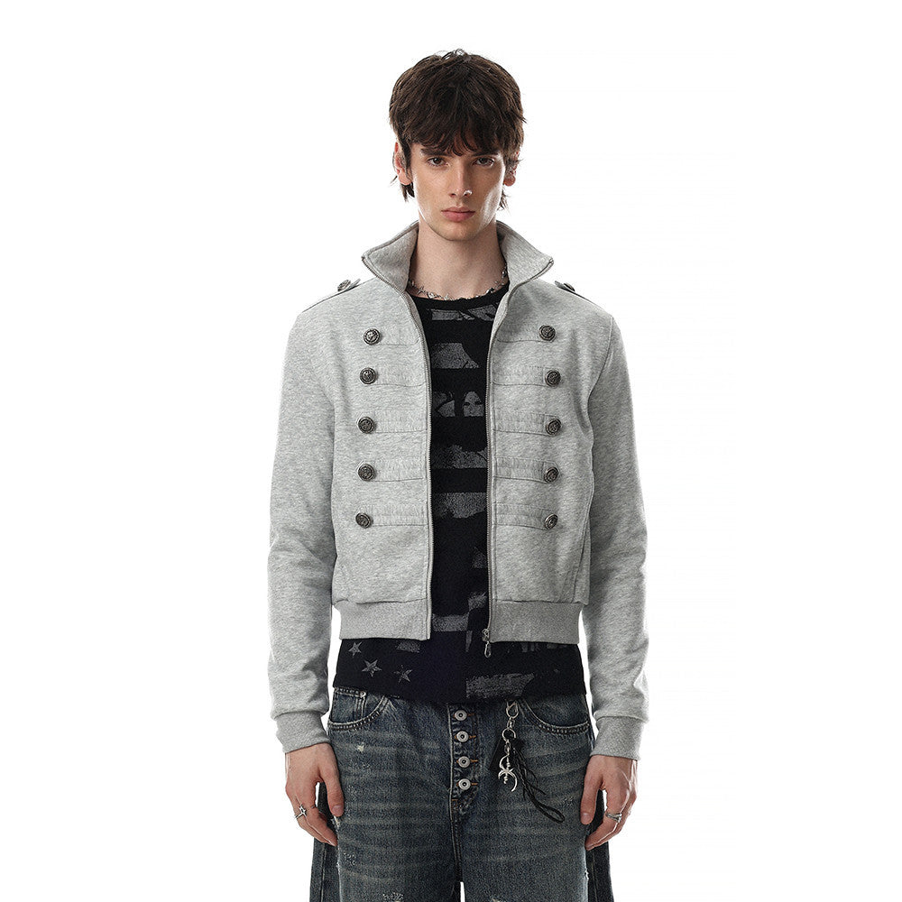 Men's Zip-Up Jacket Military Double-Breasted Stand Collar Short Bomber