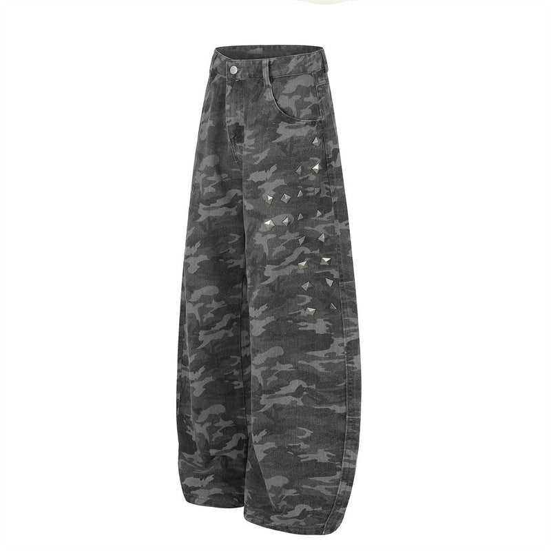 Camo Wide-Leg Jeans with Metal Studs – Punk Streetwear Barrel Fit