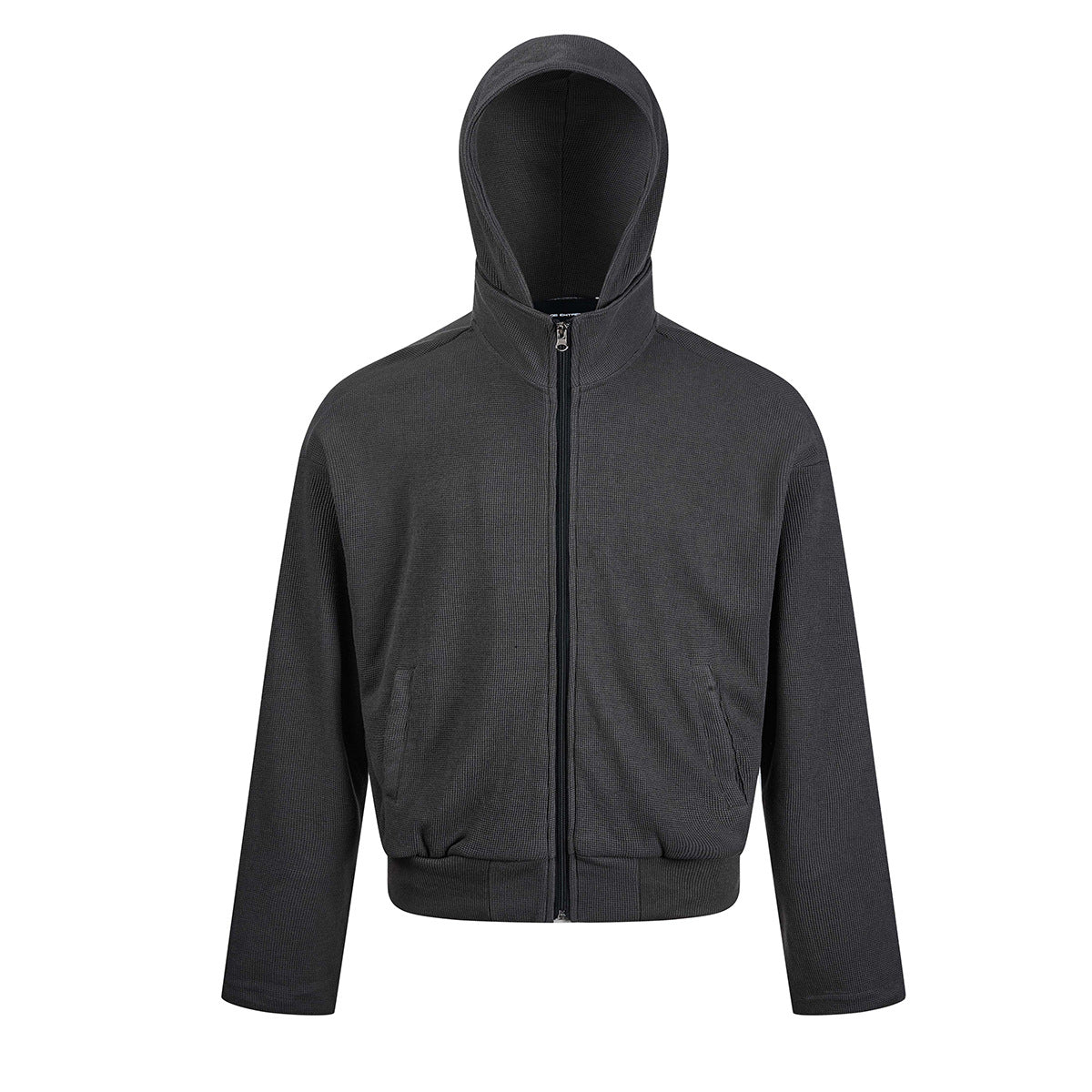 Sweat à capuche boxy zippé intégral en maille gaufrée, capuche oversize, gris anthracite foncé, vue de face