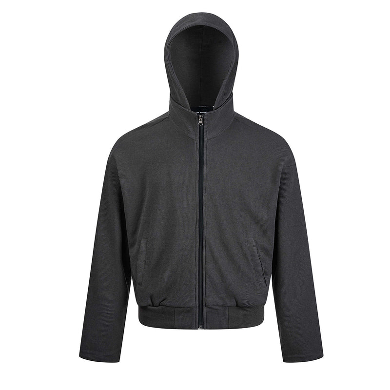 Sweat à capuche boxy zippé intégral en maille gaufrée, capuche oversize, gris anthracite foncé, vue de face