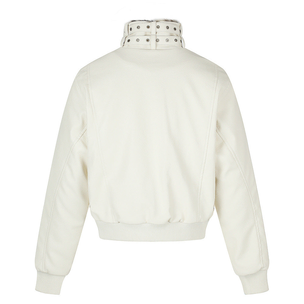 PU Leather Bomber Jacket with Faux Fur Collar & Buckle Strap Stand Neck