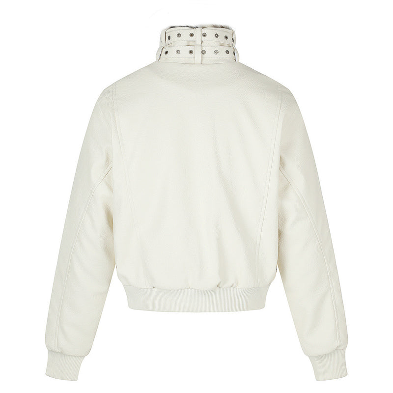 PU Leather Bomber Jacket with Faux Fur Collar & Buckle Strap Stand Neck