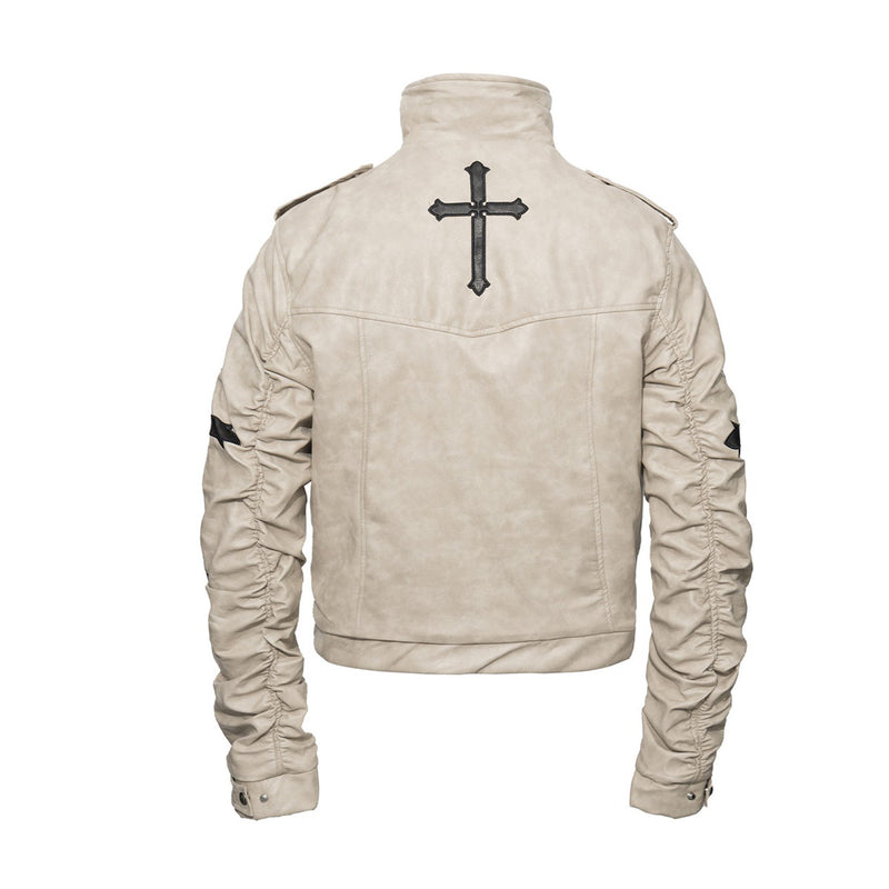 Gothic Cross Moto Jacket – Padded Faux Leather with Military Buttons & Cross