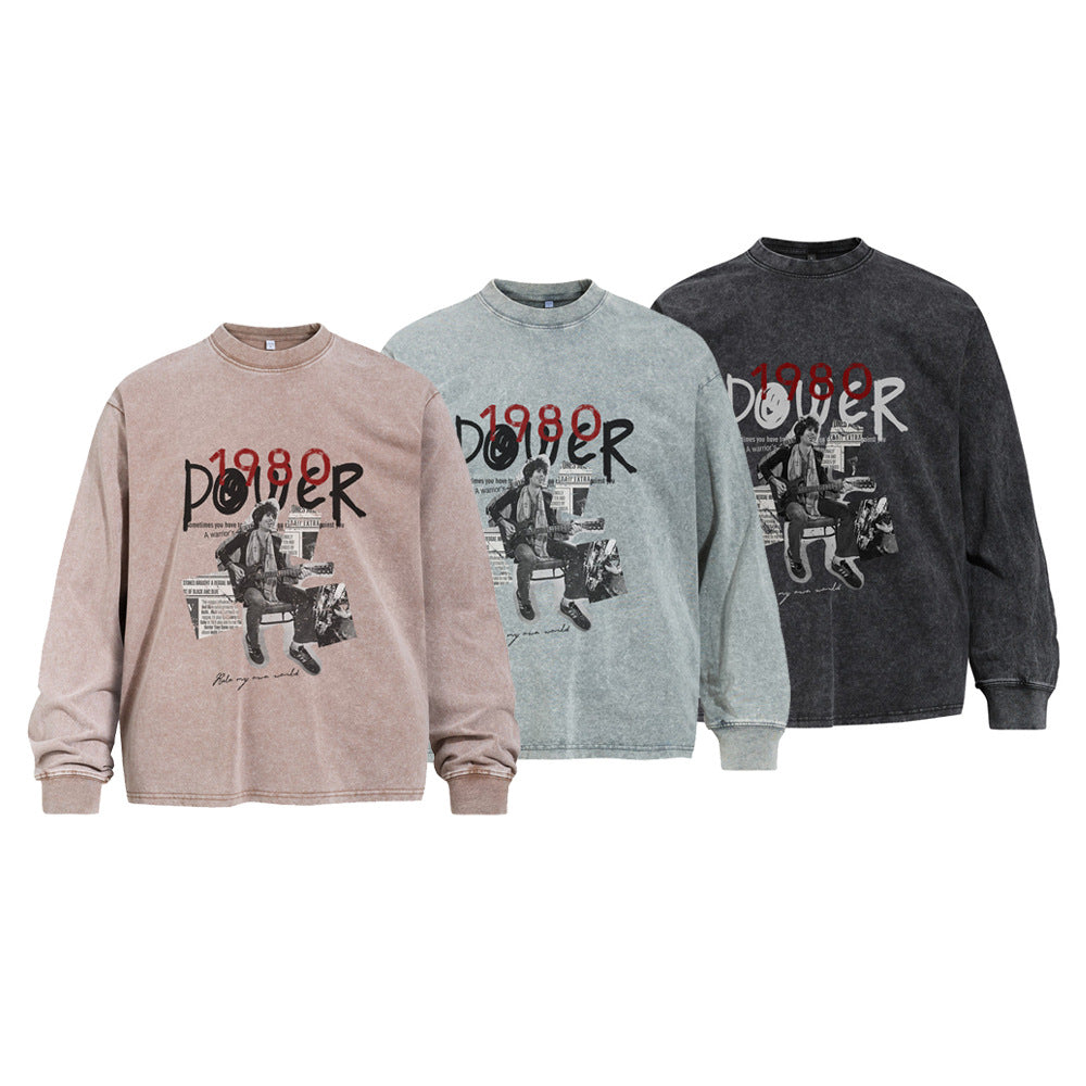 Men's oversized acid-wash long sleeve shirt with 1980 Power rock guitarist graphic print in washed black