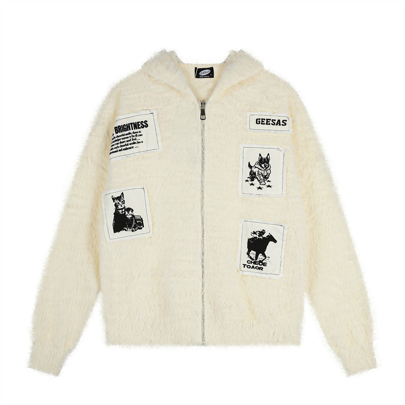 Fuzzy Knit Zip-Up Hoodie with Animal Patches – Streetwear Cardigan